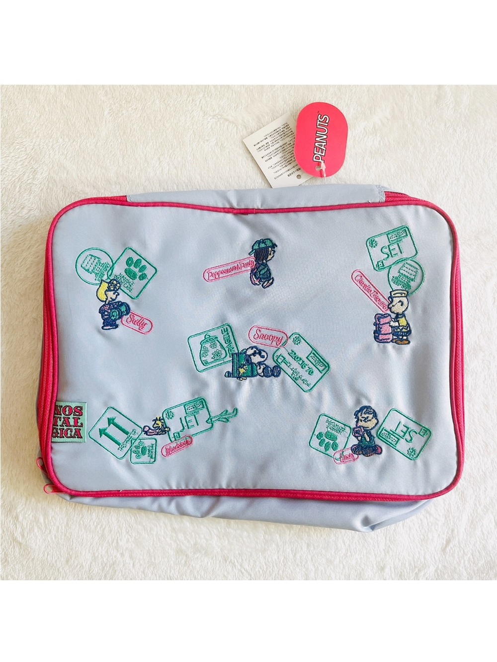 Brand New Nostalgica Peanuts Snoopy light blue embroidery travel pouch organizer